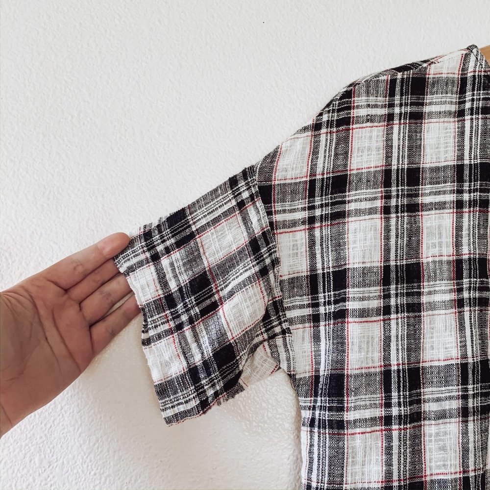 Zara Plaid Short Sleeve Button Back Top - Picture 3 of 6